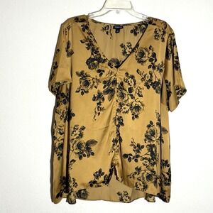 Torrid Top Womens 3 (3X) Gold Black Floral Short Sleeve‎ Tunic High Low Hem